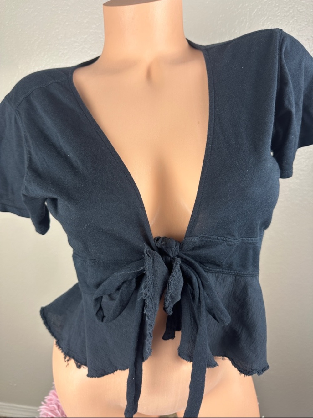 We The Free Free People Matte Black Front Tie Fringe Boho Crop Top S